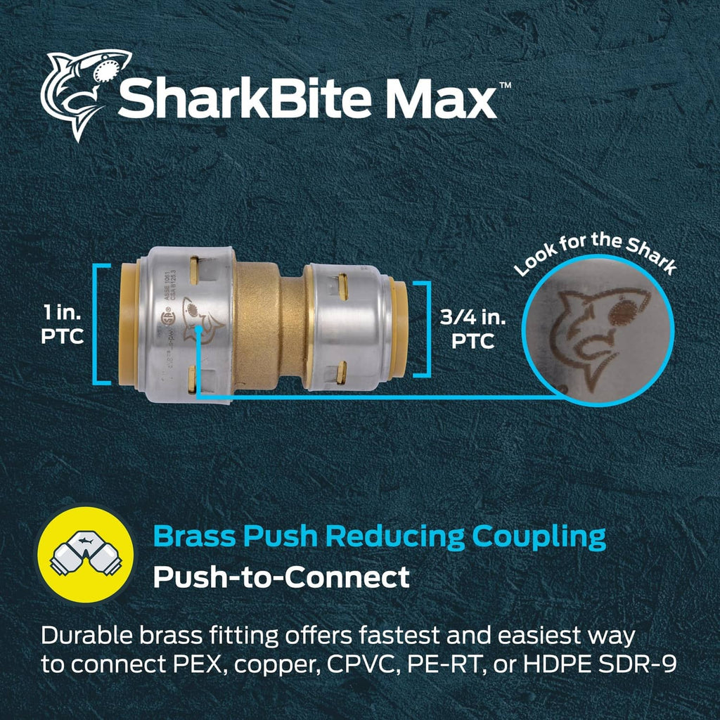 SharkBite Max brass push-to-connect reducing coupling with silver collar and two ports