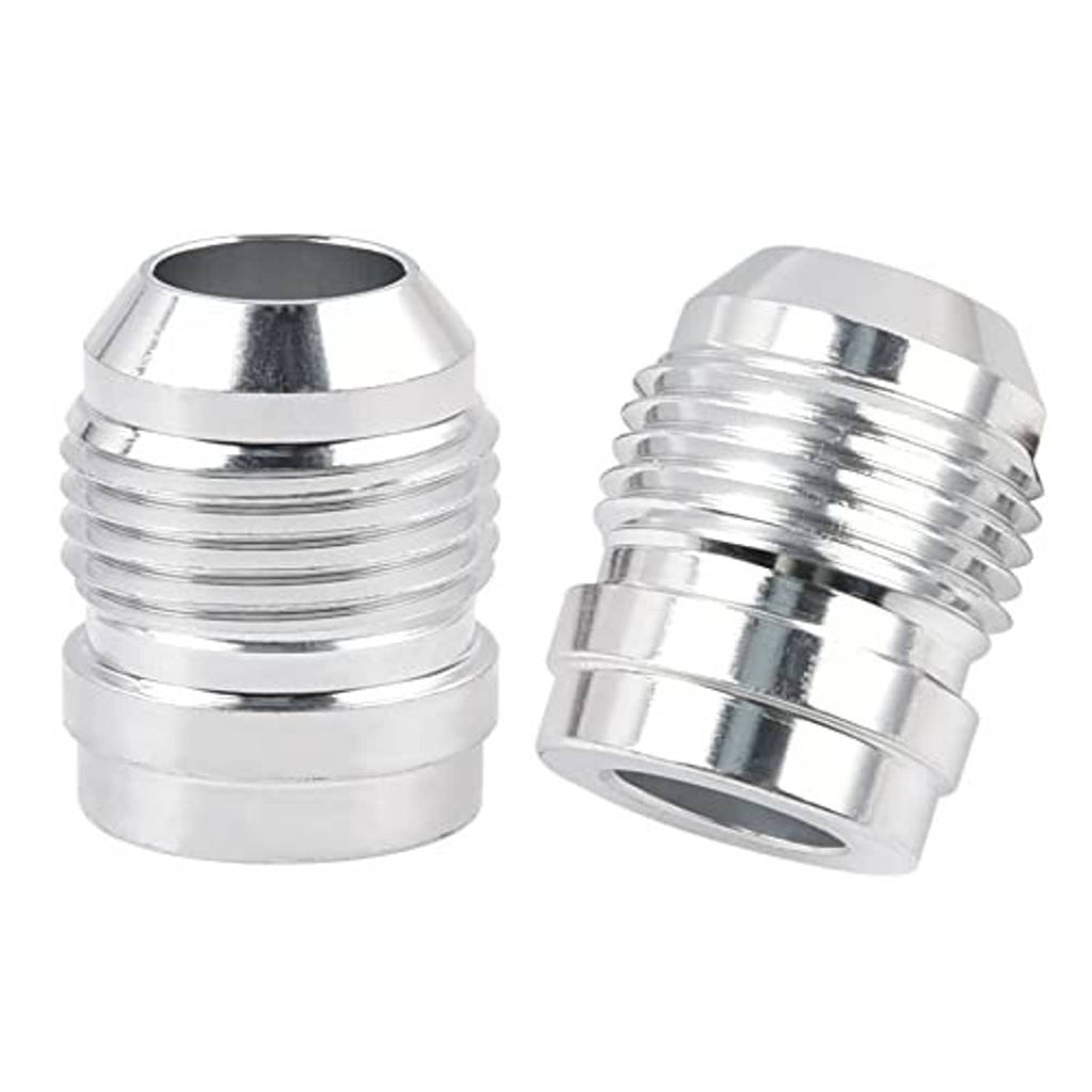 Pair of silver aluminum AN weld-on bung fittings with male threaded ends and flange rings