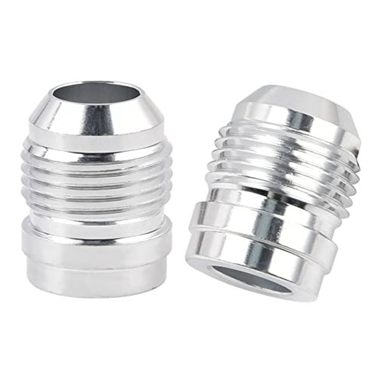 Pair of silver aluminum AN weld-on bung fittings with male threaded ends and flange rings