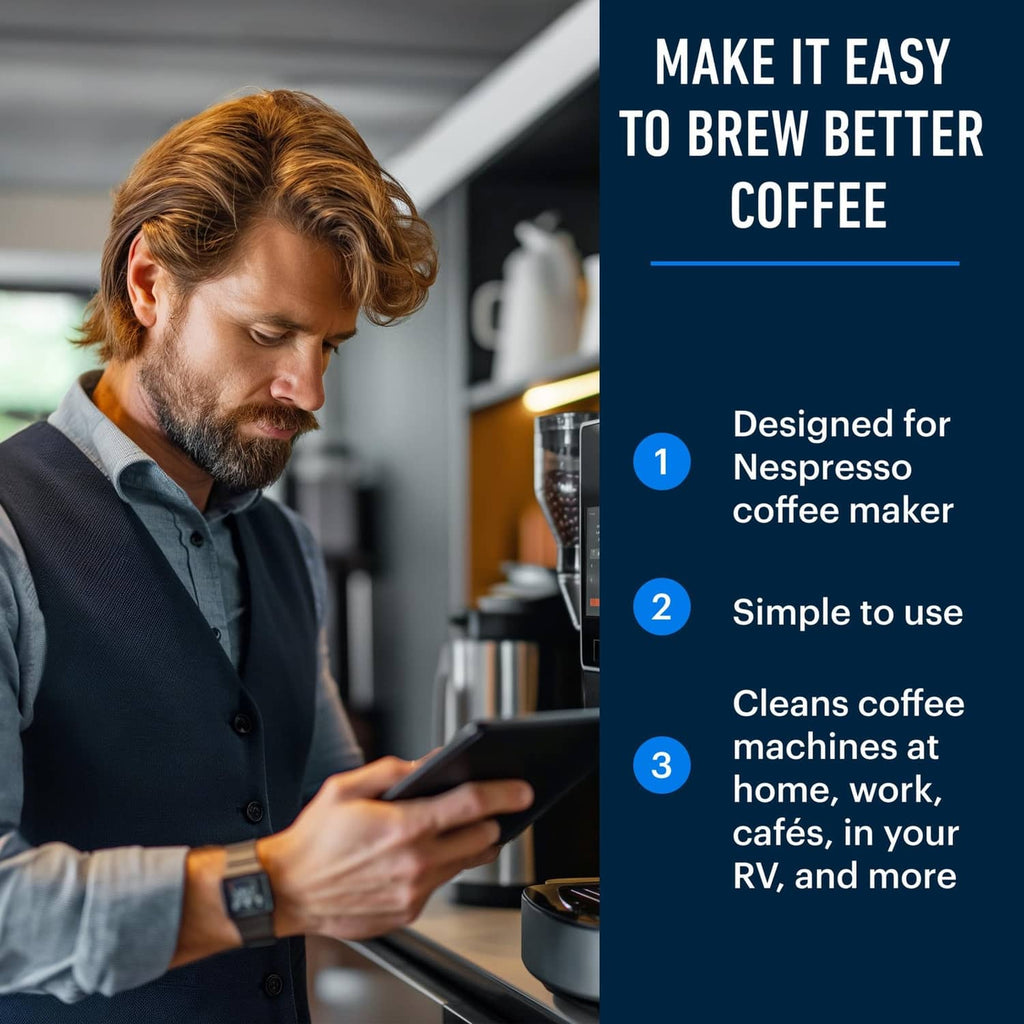 Man using smartphone beside coffee machine during descaling solution routine