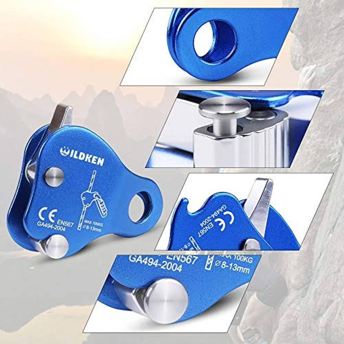 Blue ILDKEN rope grab belay device with safety markings on the cam