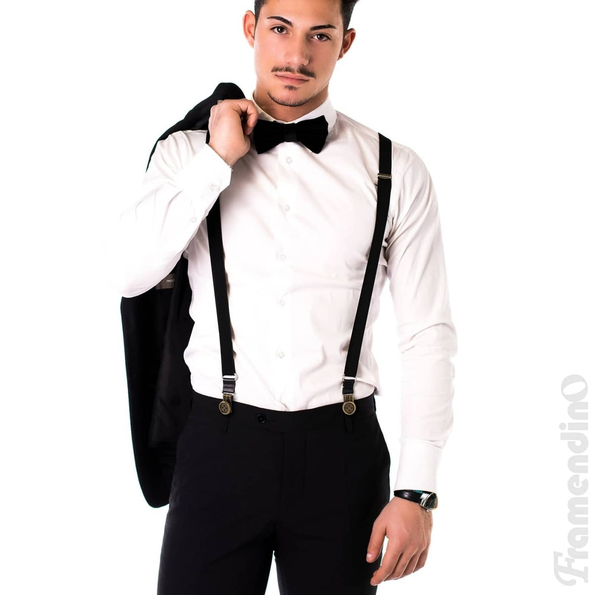 Black no-sew suspenders with round clip buttons on white shirt and black trousers