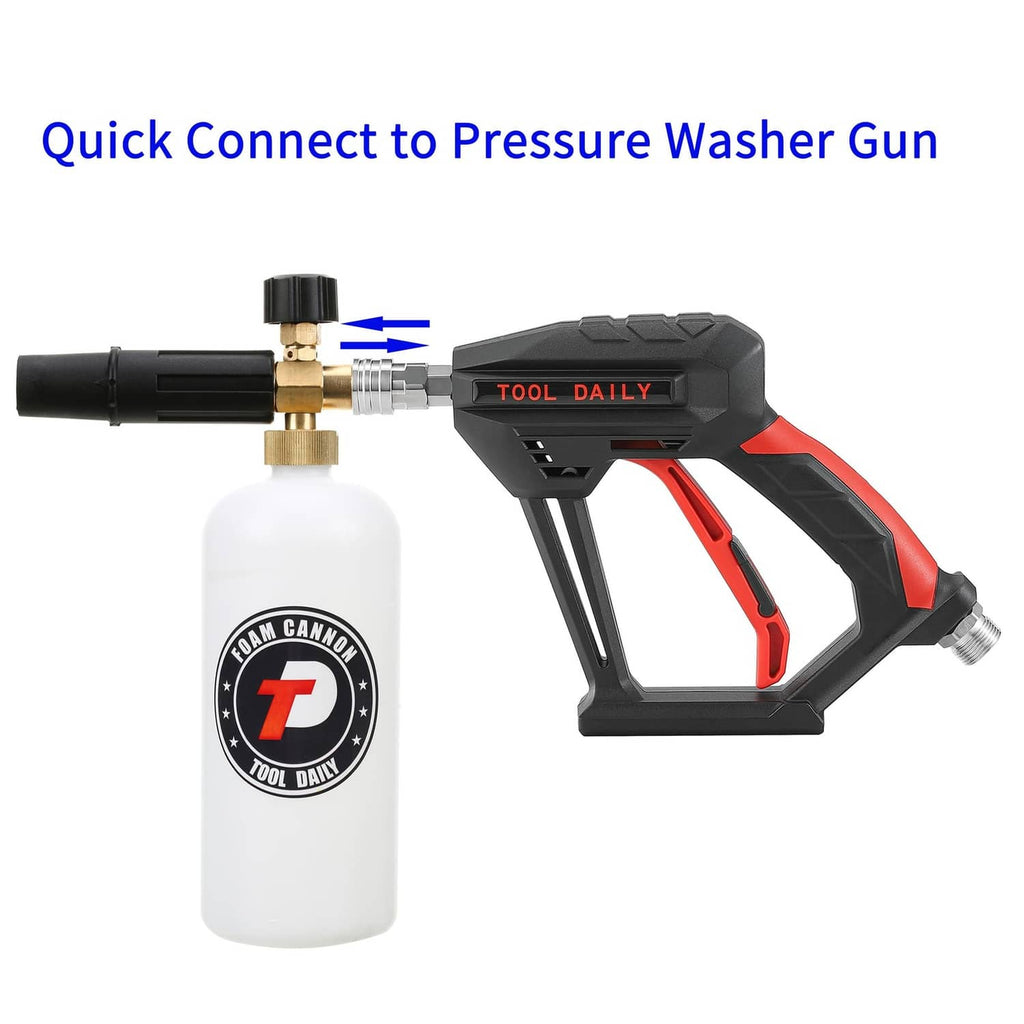 Pressure washer foam cannon gun with quick-connect fitting and white foam bottle