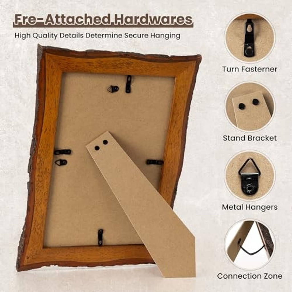 Back of rustic live-edge wooden picture frame with metal hangers and board