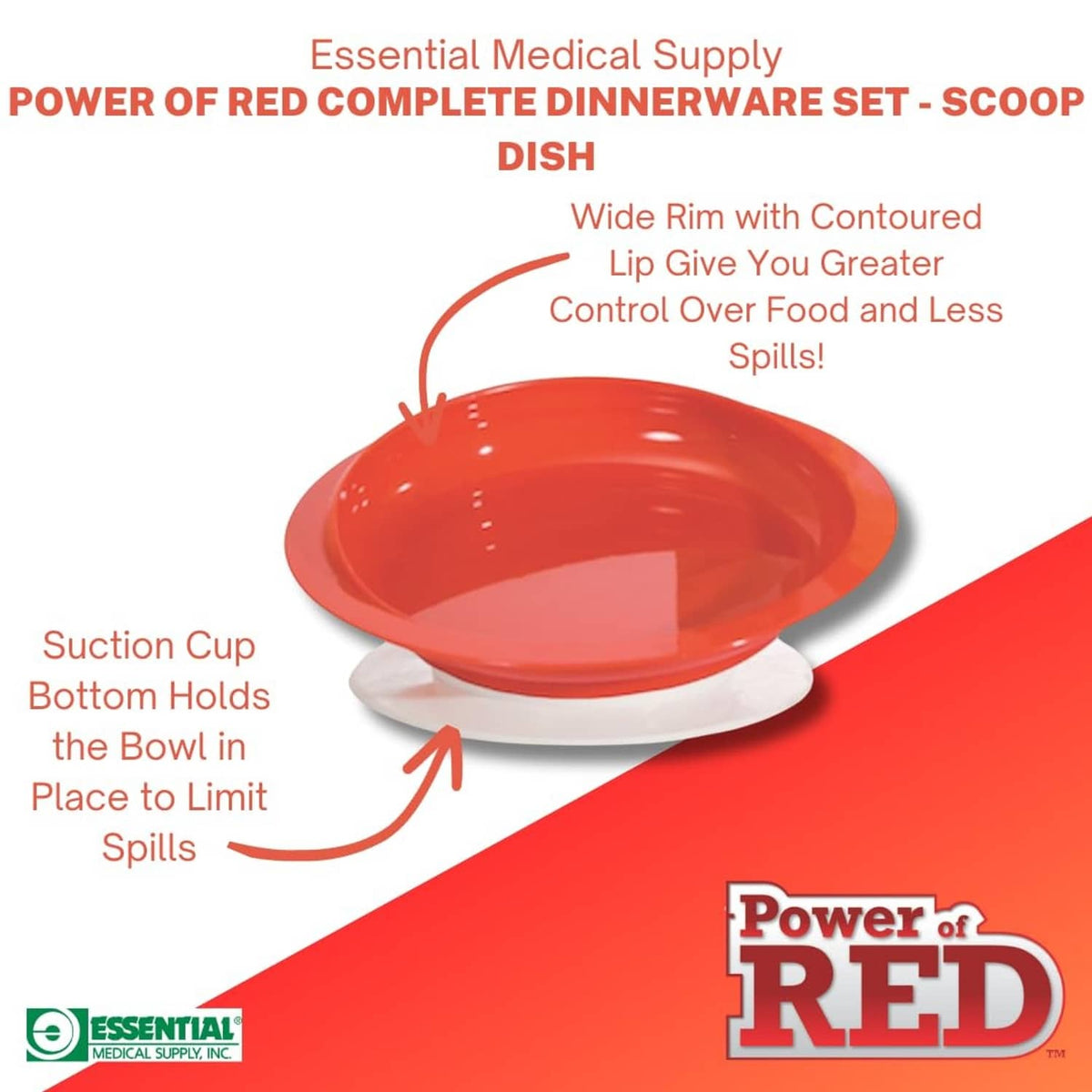 Red scoop dish with contoured wide rim and suction cup bottom for stability