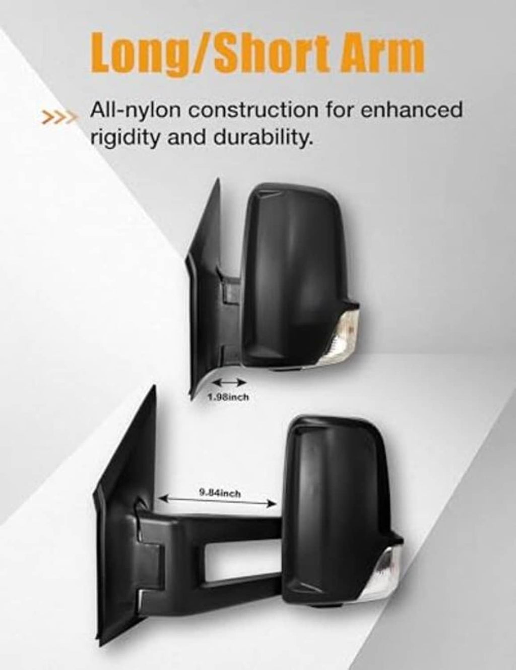 Left side mirror with black housing; long/short arm fit shown with dimensions