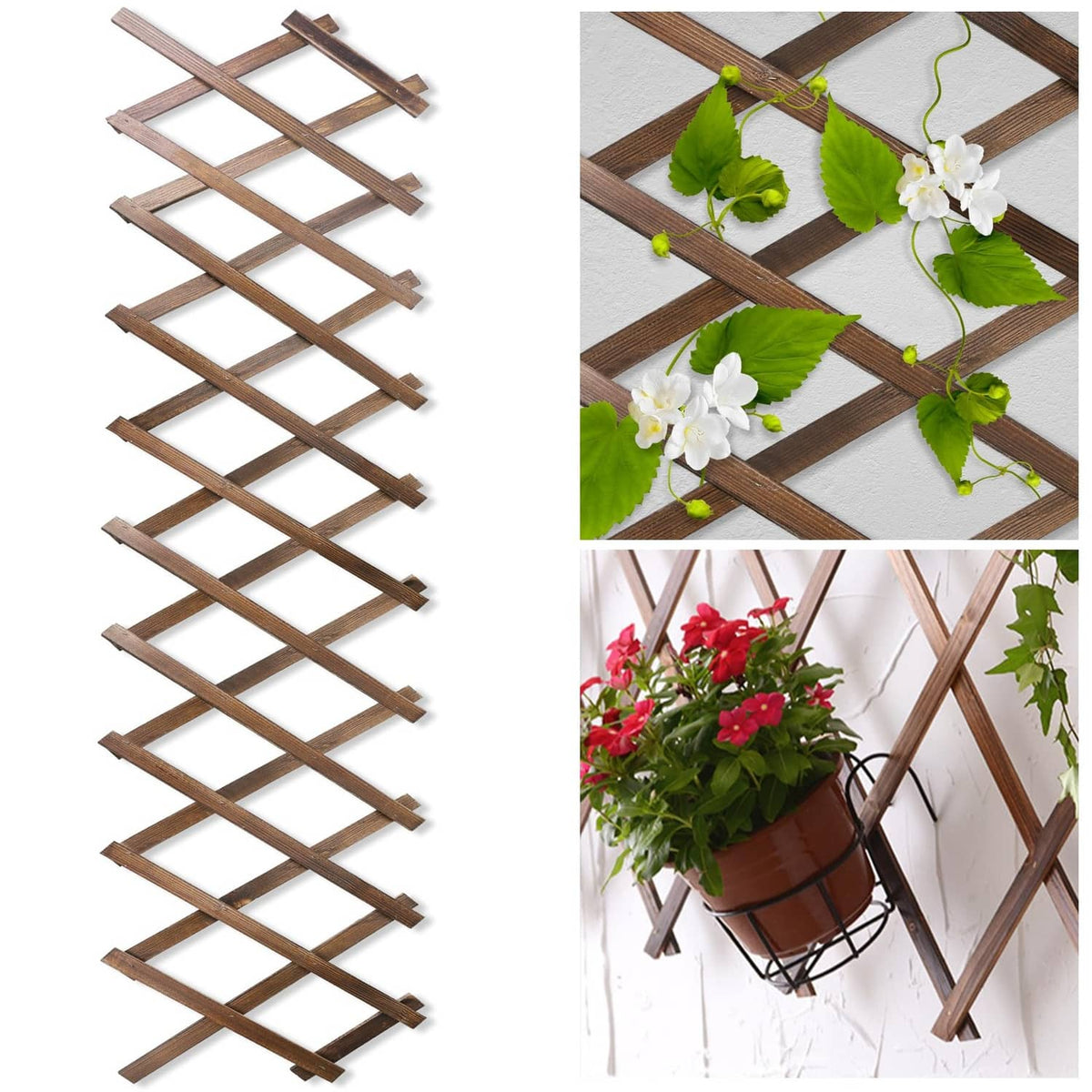 Dark brown wood lattice fence panel with crisscross slats