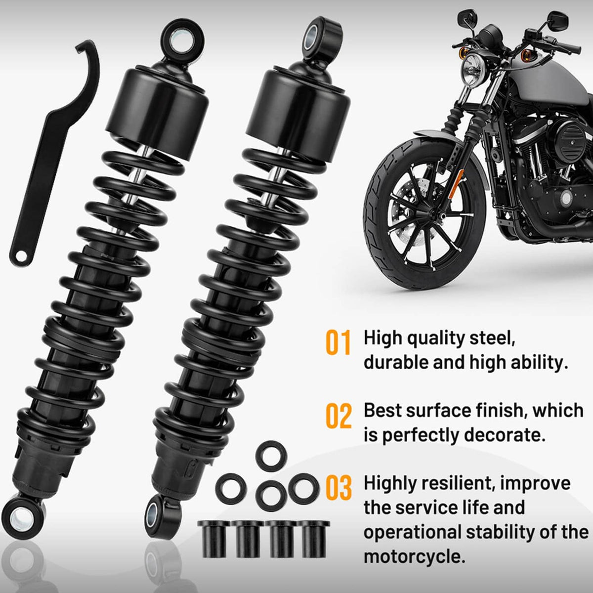 Pair of black rear shock absorbers with included washers and wrench