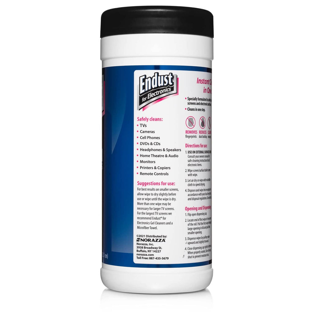 Endust screen cleaning wipes canister with back label, white and blue container, black cap