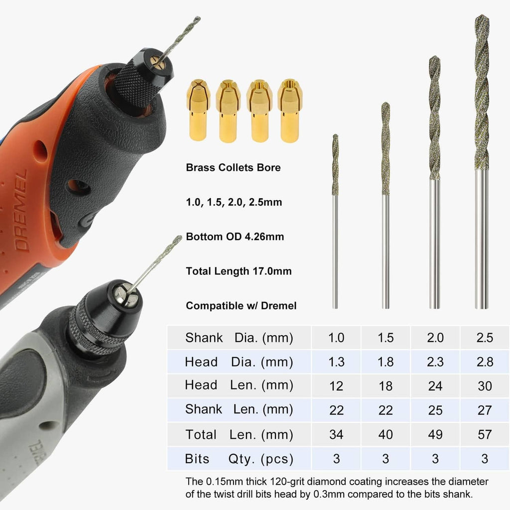 Diamond drill bits with brass collets and gray diamond tips, shown alongside size chart
