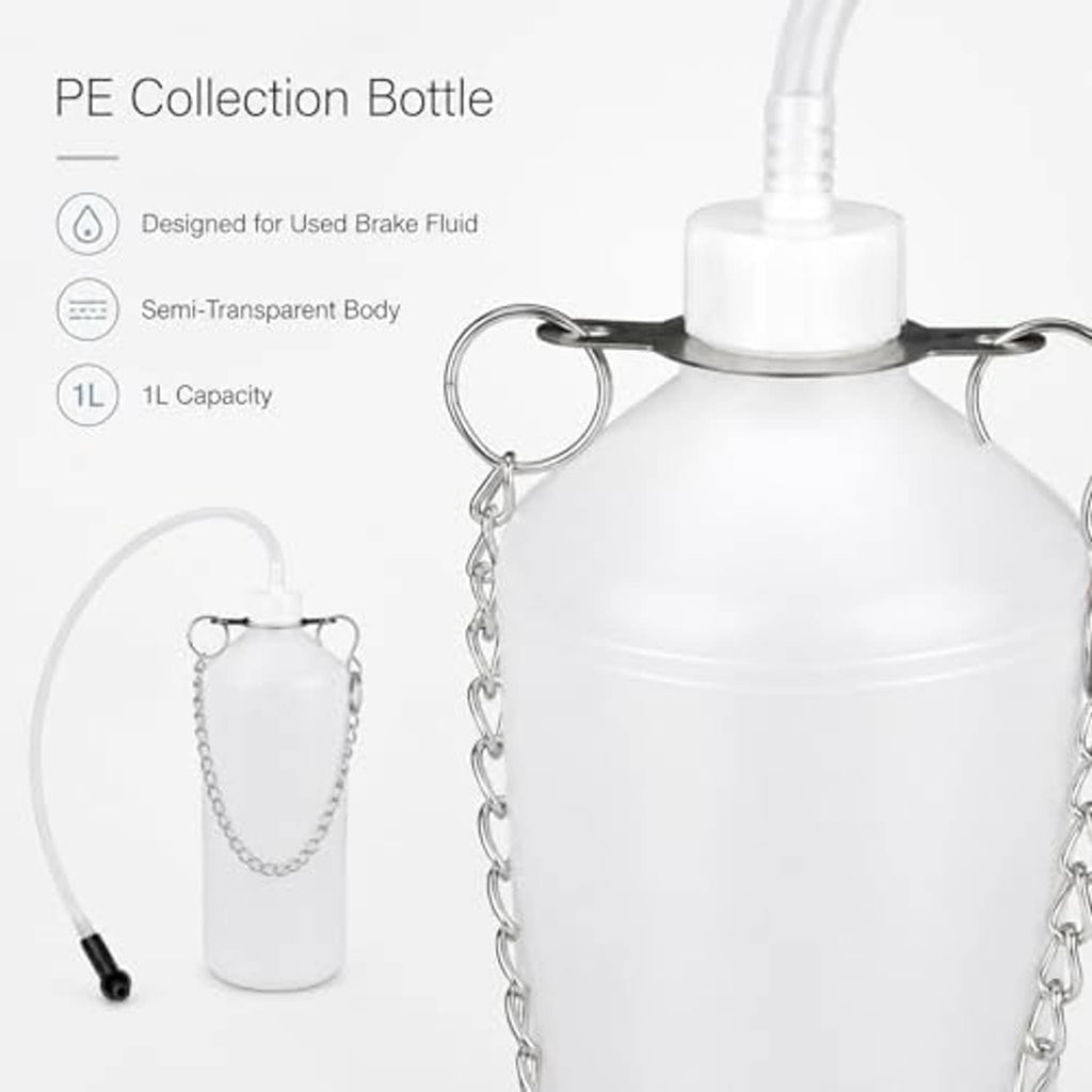 White brake bleeder collection bottle with chain handle and wide threaded cap