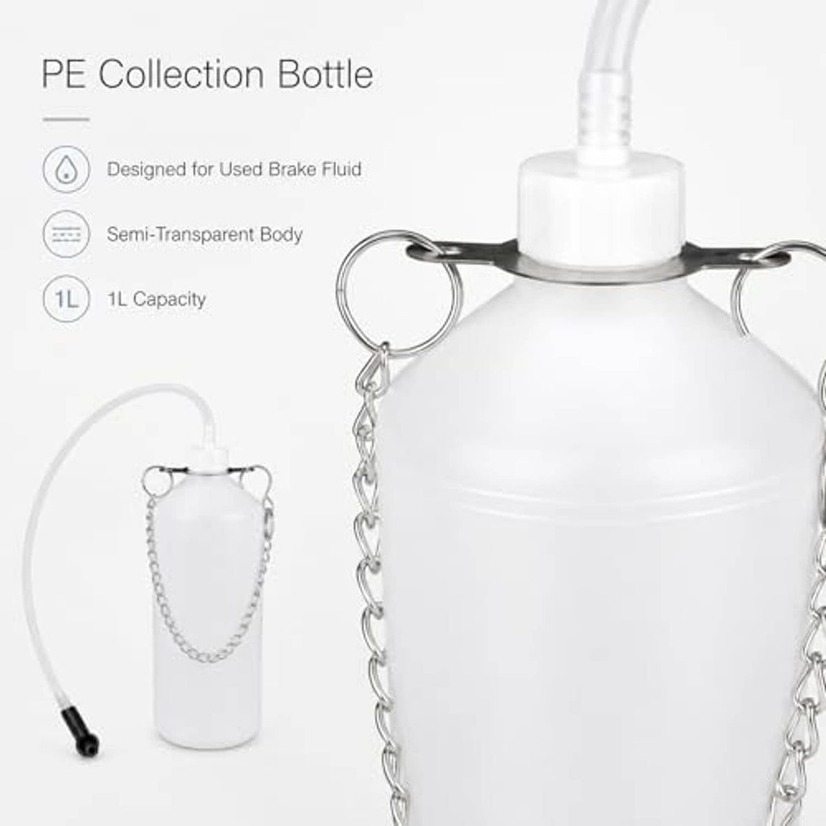 White brake bleeder collection bottle with chain handle and wide threaded cap