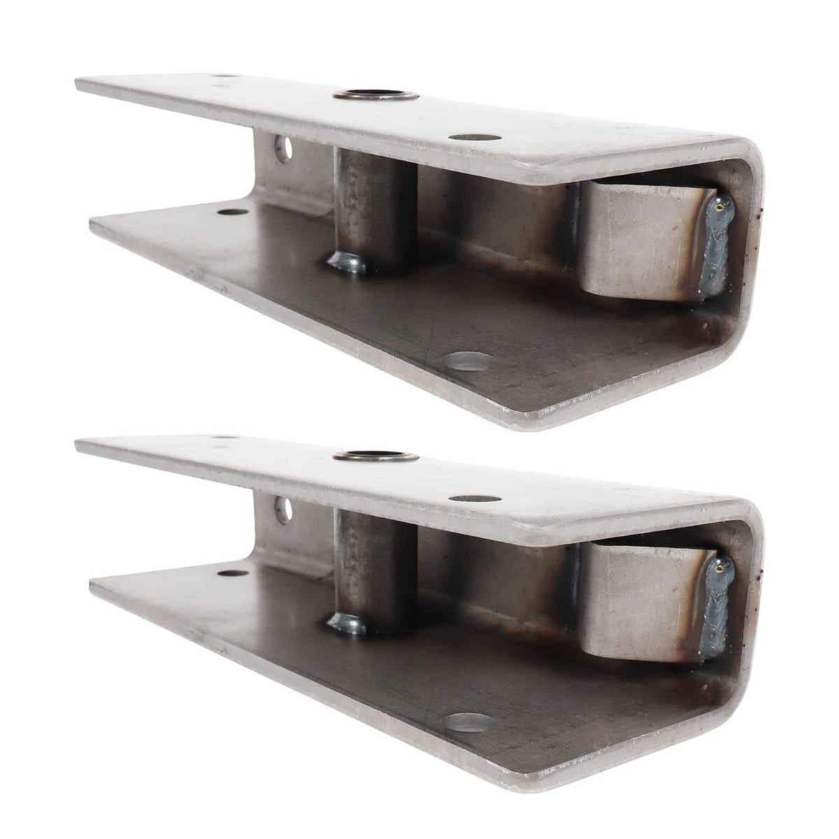 Two silver trailer equalizer brackets with curved base and central bushing housing