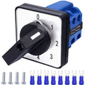 4-position latching rotary changeover switch with blue terminals and black selector knob