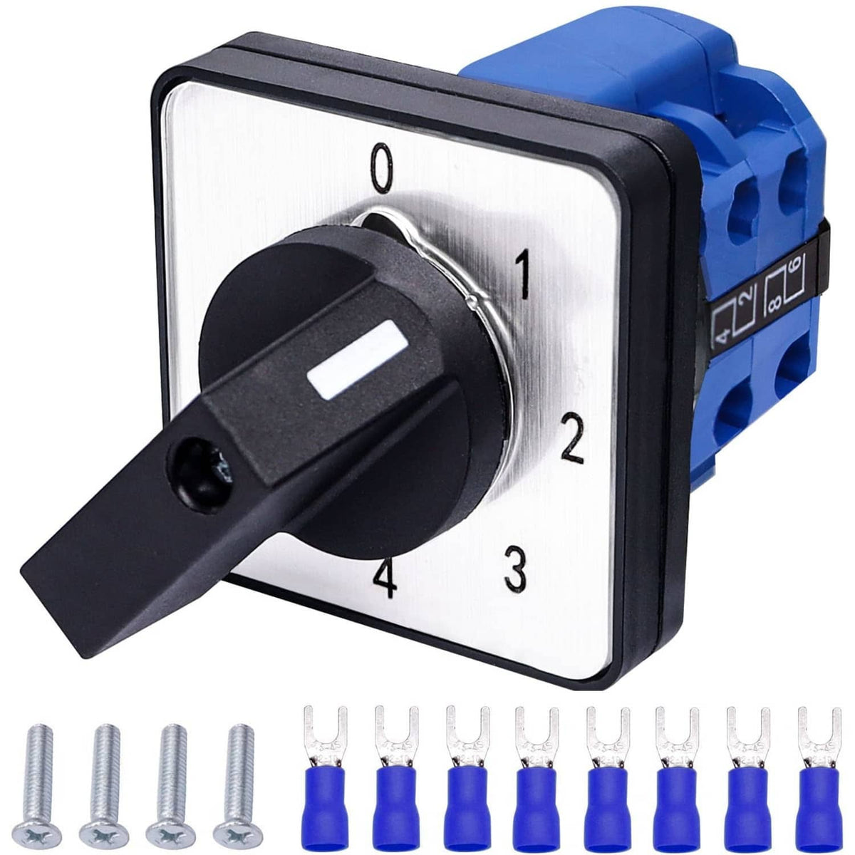 4-position latching rotary changeover switch with blue terminals and black selector knob