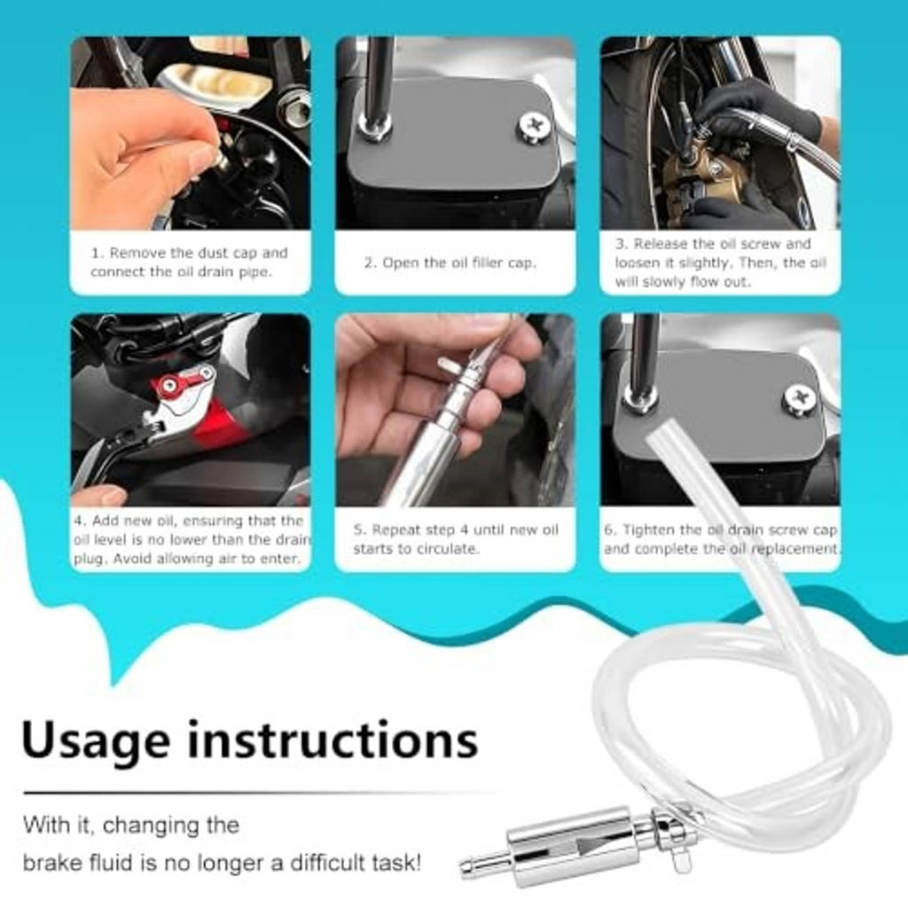 Brake bleeder hose kit usage steps graphic with clear hose and valve tool