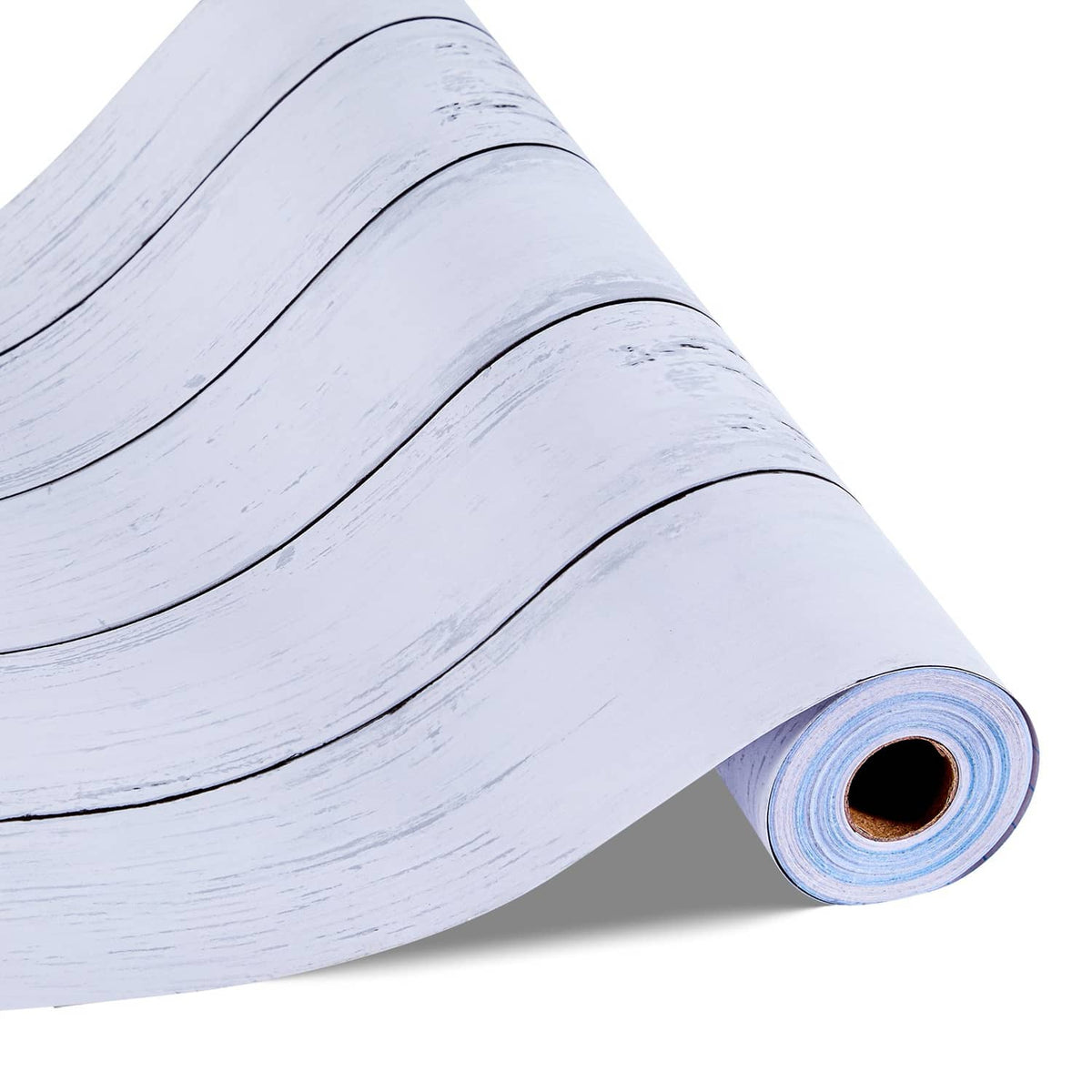 Close-up of light blue wood-grain wallpaper, curved horizontal plank lines