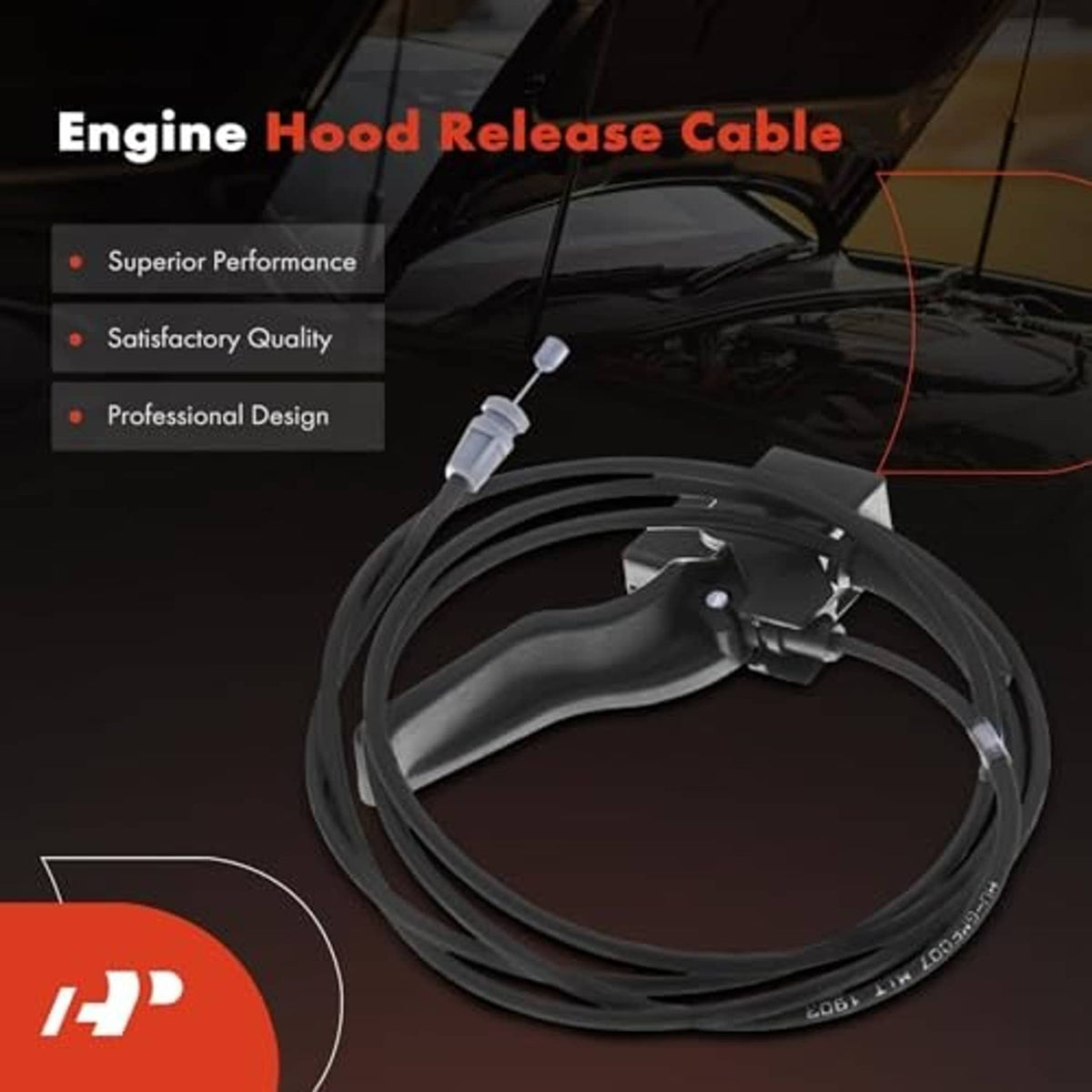 Engine hood release cable with black handle and steel wire loop, near hood latch area