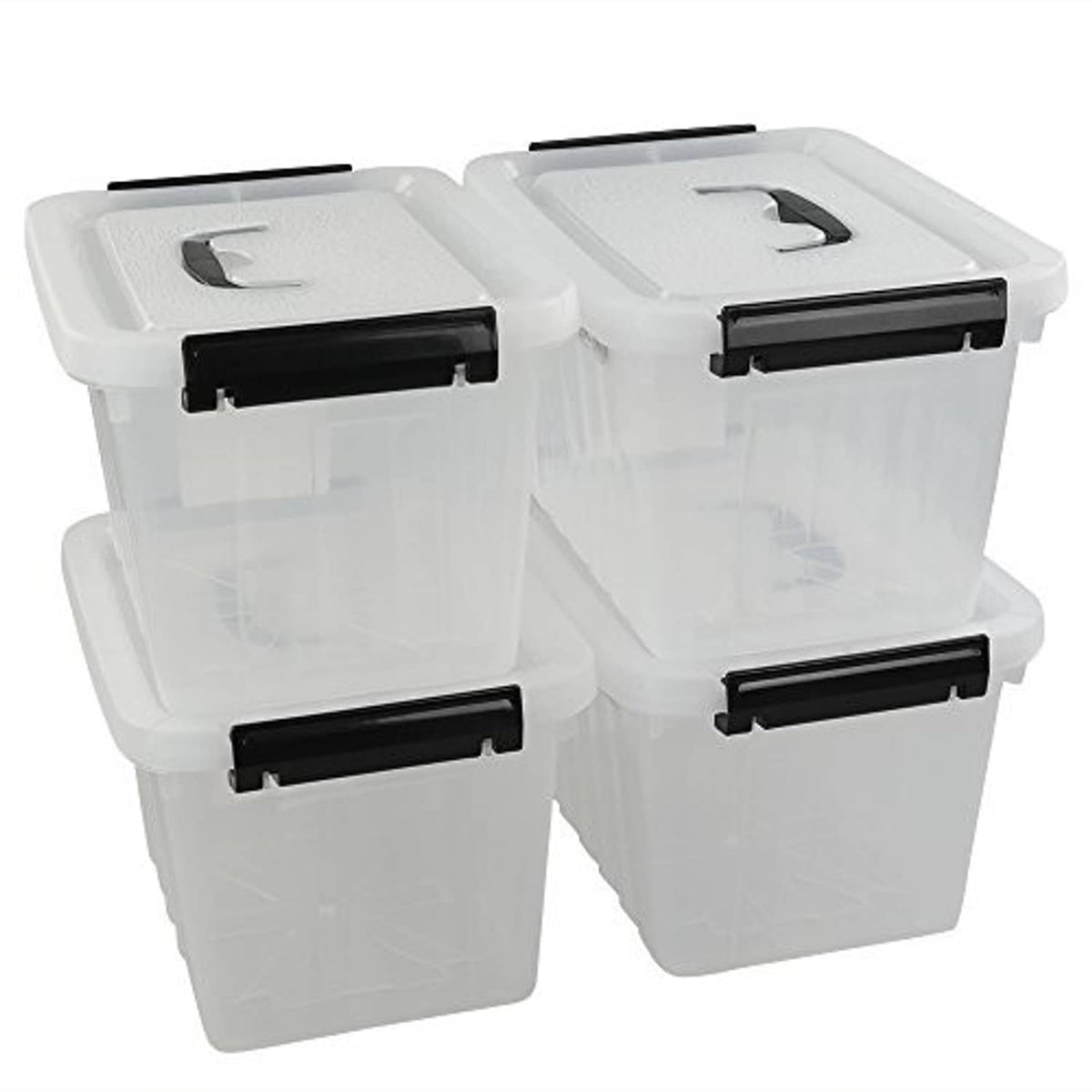 Clear 6-quart storage box set with black snap latches and handles, front angle