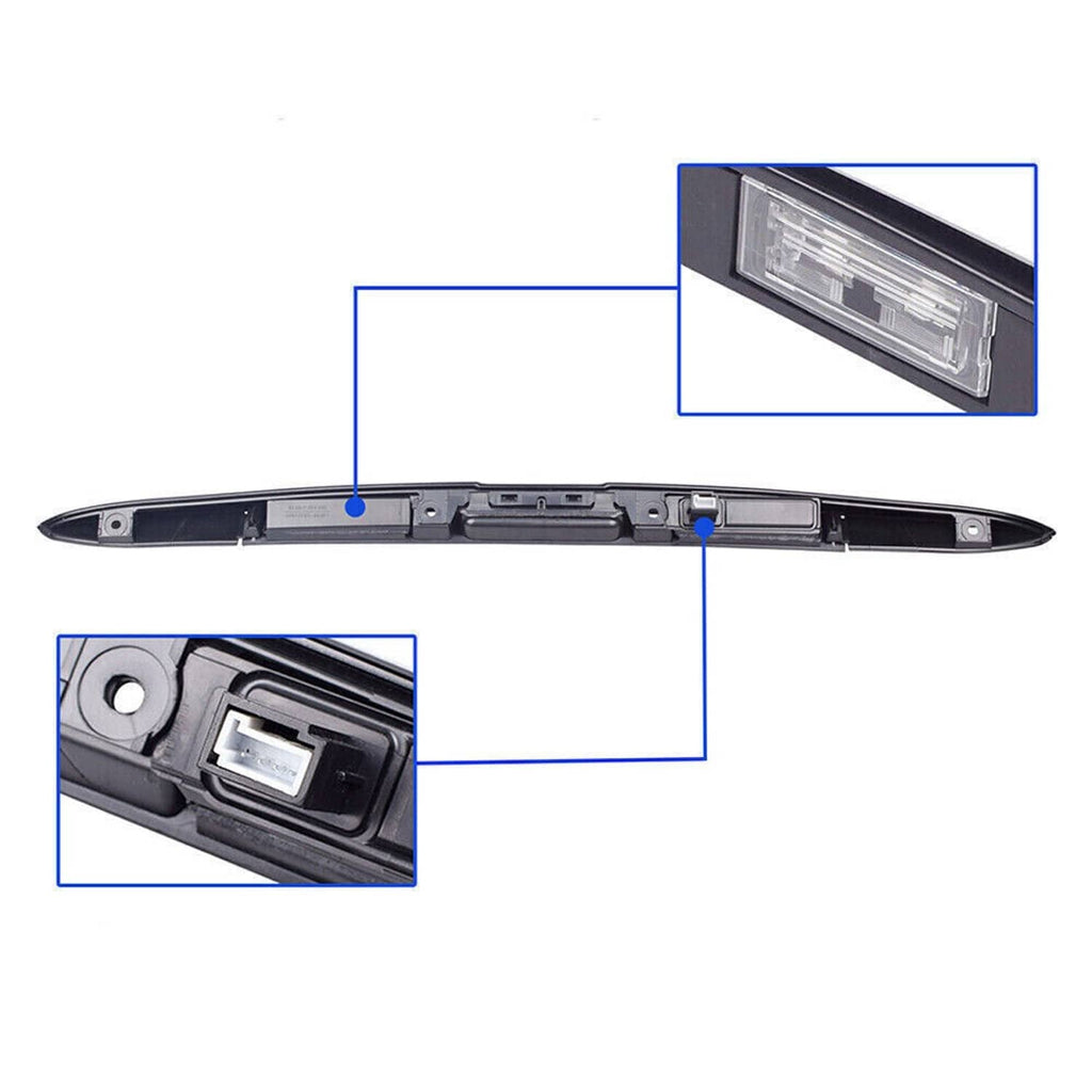 Black tailgate grip handle trim with visible mounting hardware and light window