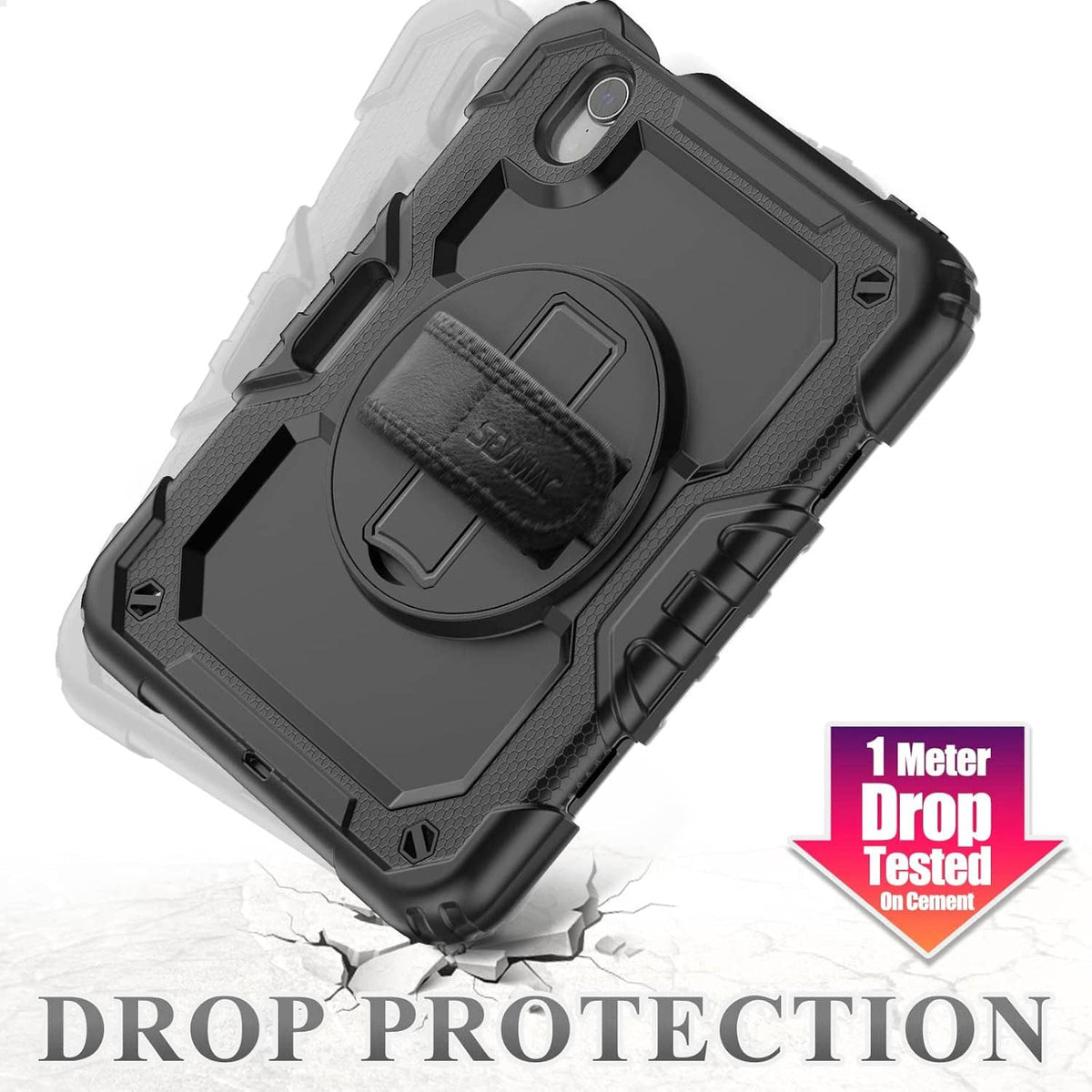 Rugged black tablet case with circular stand and textured protective shell