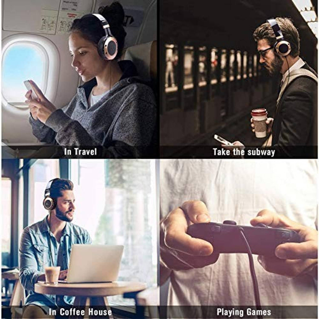 Over-ear headphones worn in travel and everyday activities, with built-in microphone