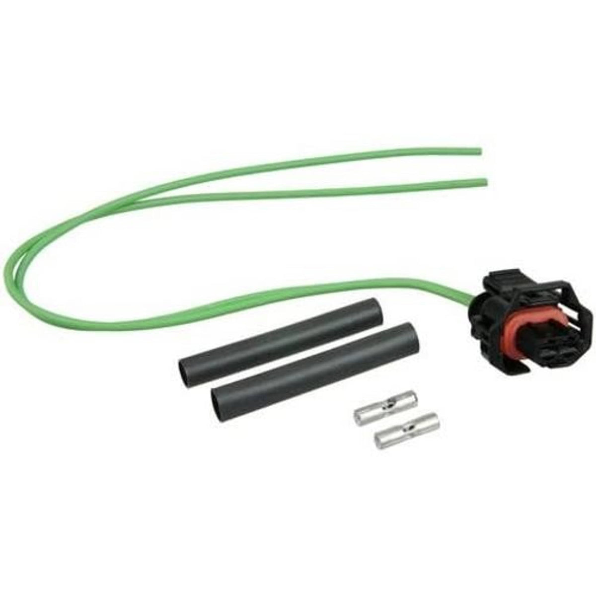 Vehicle wiring pigtail with green wire, black connector, heat-shrink sleeves and metal terminals