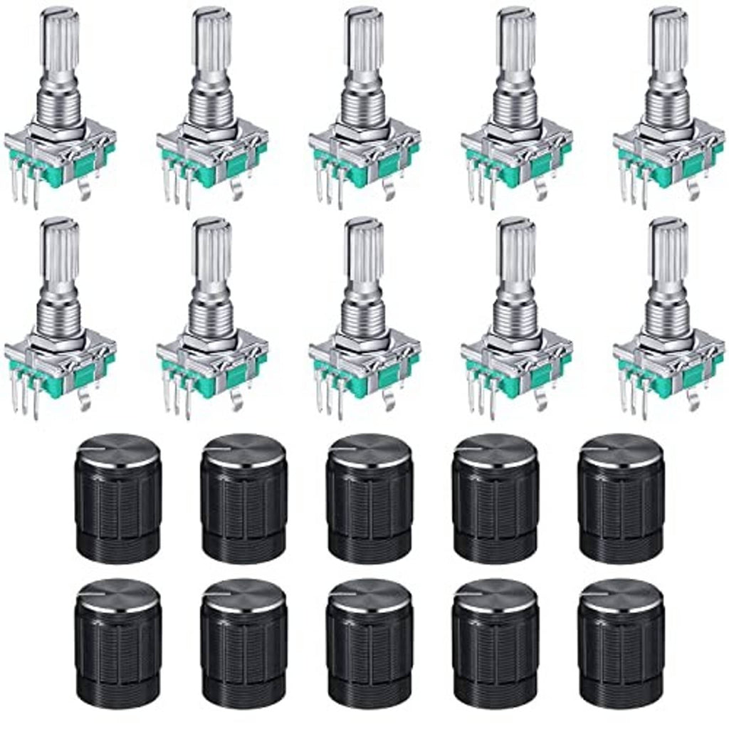 10-pack rotary encoder code switches with metal shafts, teal modules, and black knobs