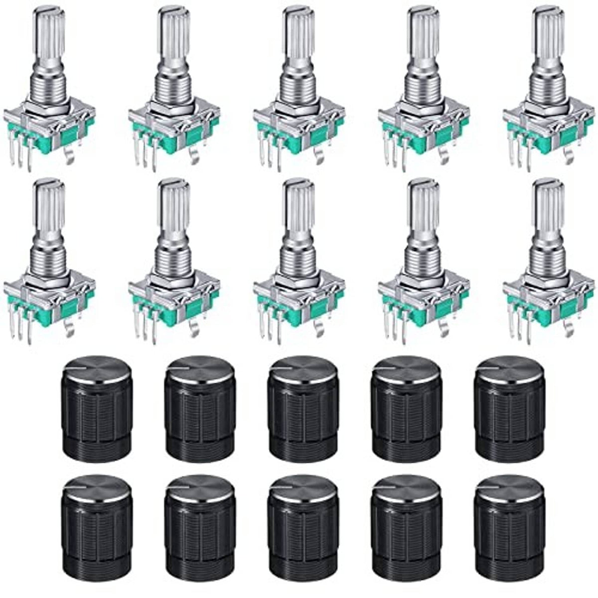 10-pack rotary encoder code switches with metal shafts, teal modules, and black knobs