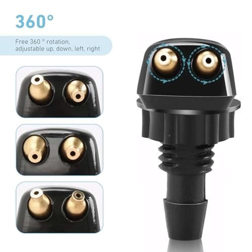 Adjustable 360° windshield washer nozzle with dual brass ports, black housing