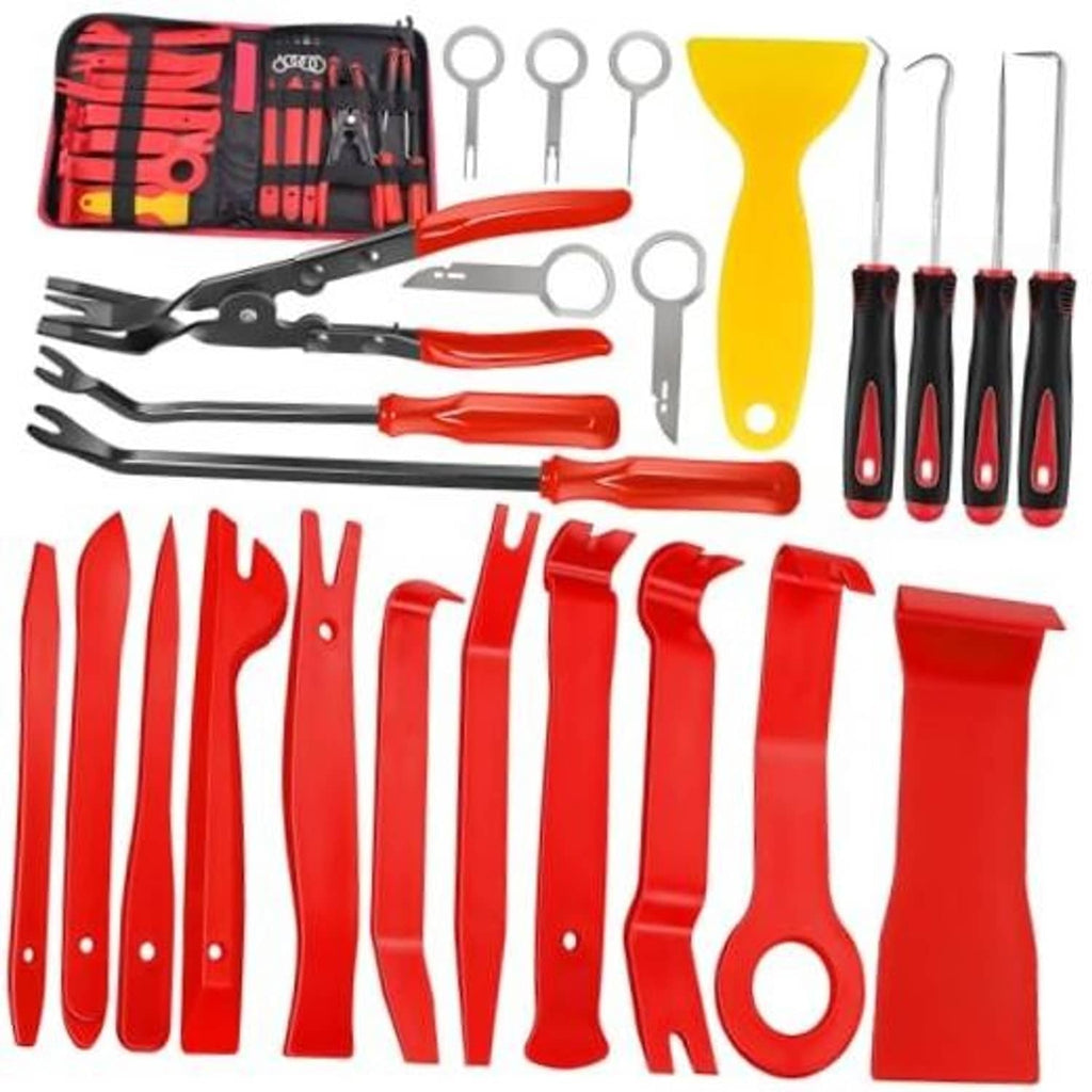 Auto trim removal tool set with red-and-black handles, hooks, and pry clips in case