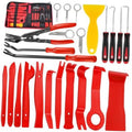 Auto trim removal tool set with red-and-black handles, hooks, and pry clips in case