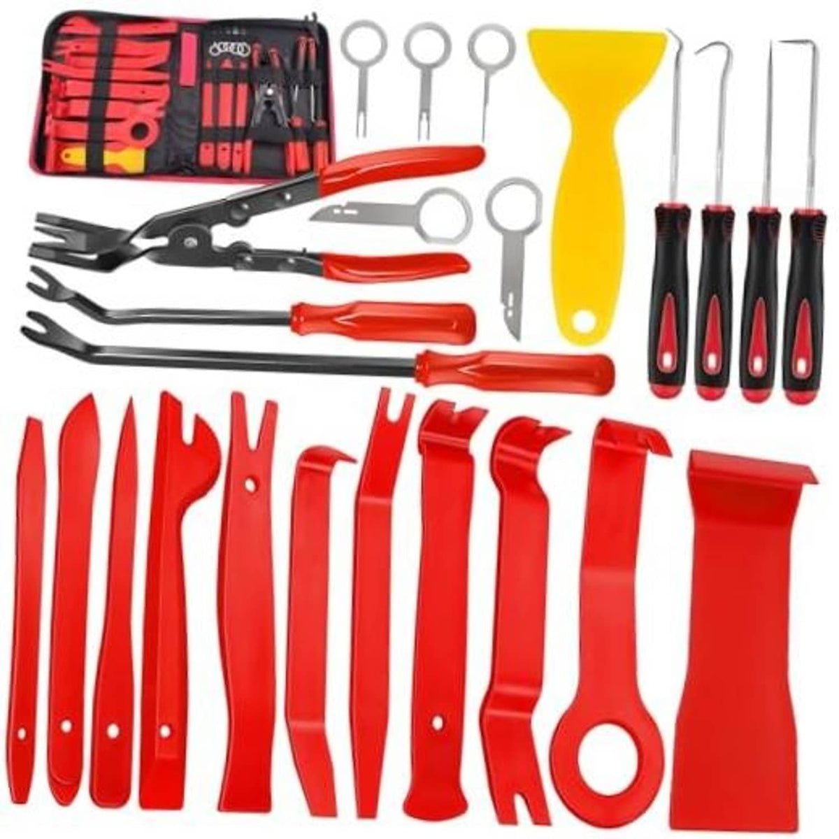 Auto trim removal tool set with red-and-black handles, hooks, and pry clips in case