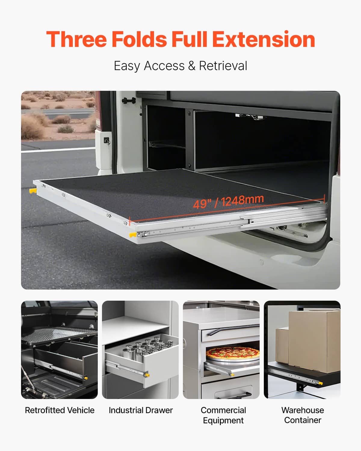 Three-fold full-extension drawer slides, 49 in length rails for easy access