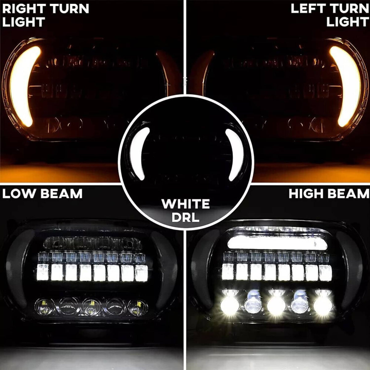 LED headlight beam modes showing white DRL and amber turn signal lighting