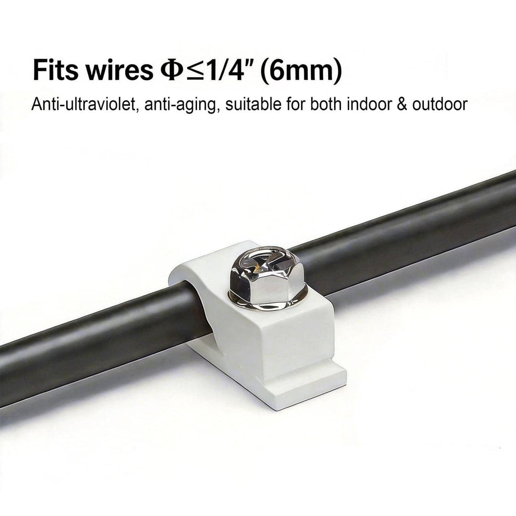 White cable clip with screw fastening around a black cable