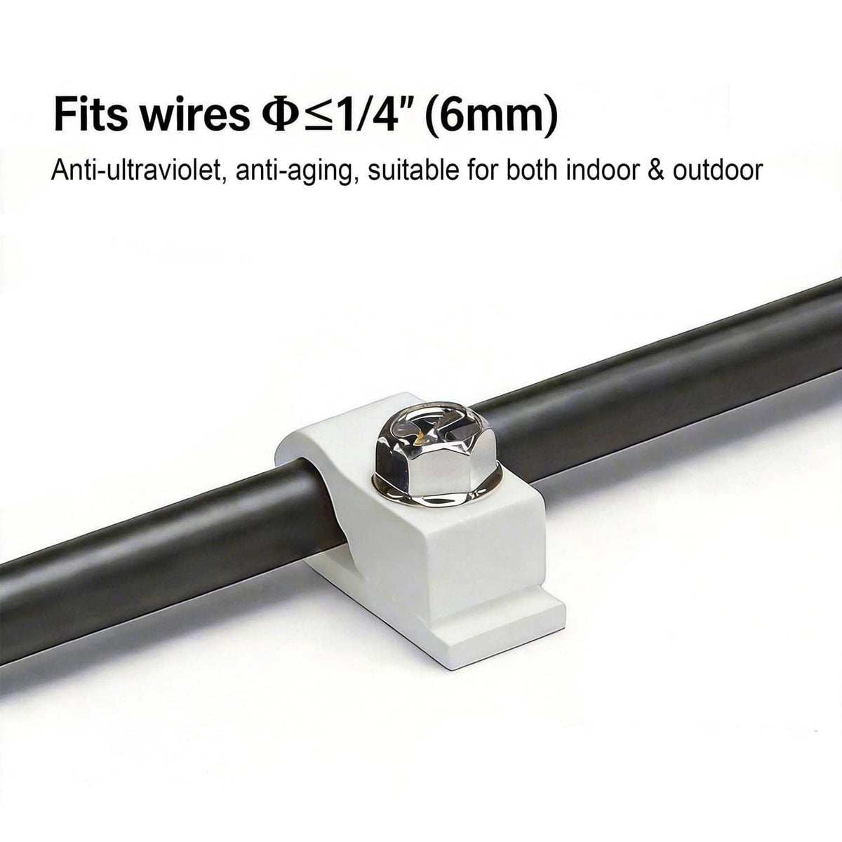 White cable clip with screw fastening around a black cable