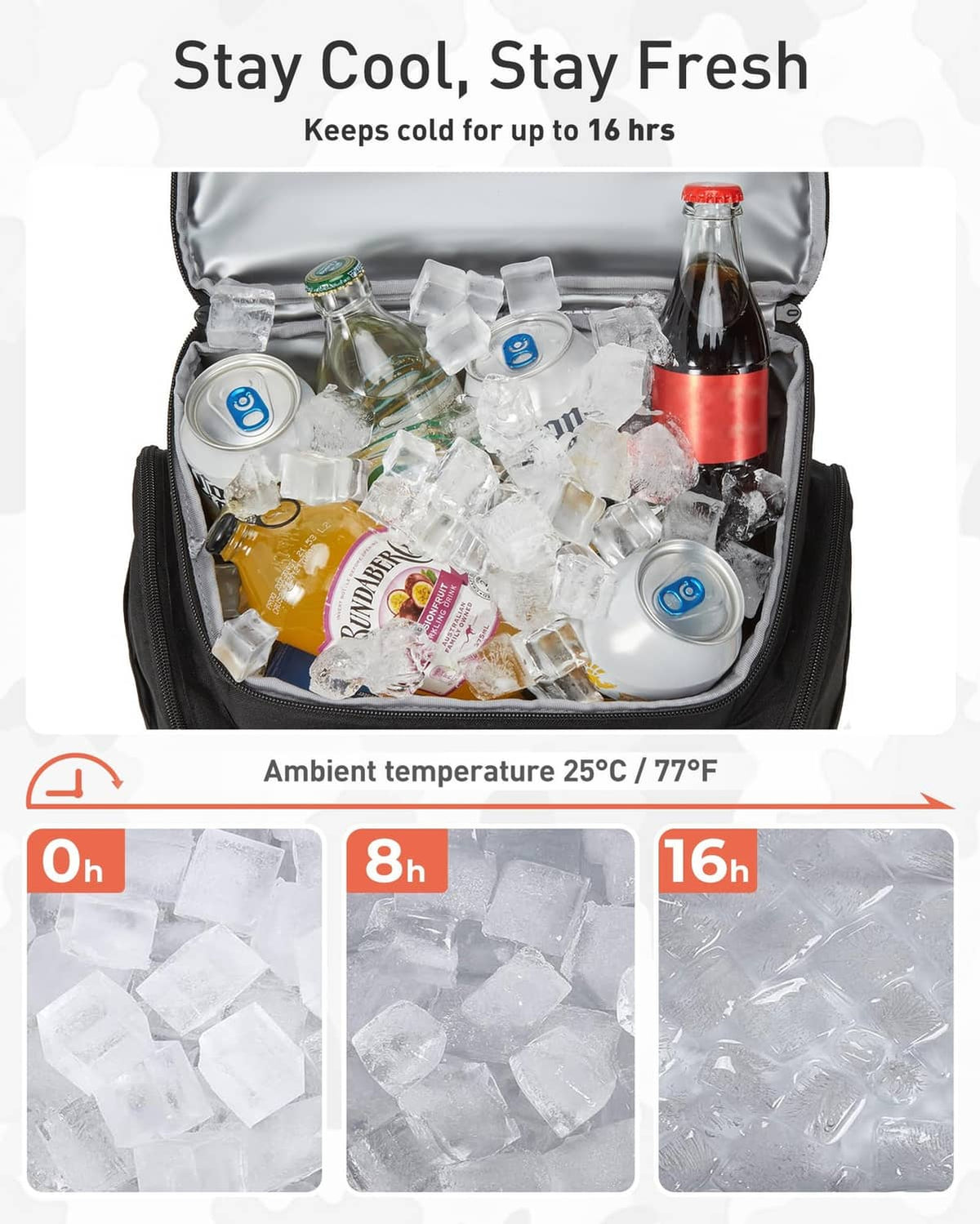 Insulated cooler backpack with open top showing drinks and ice in the main compartment