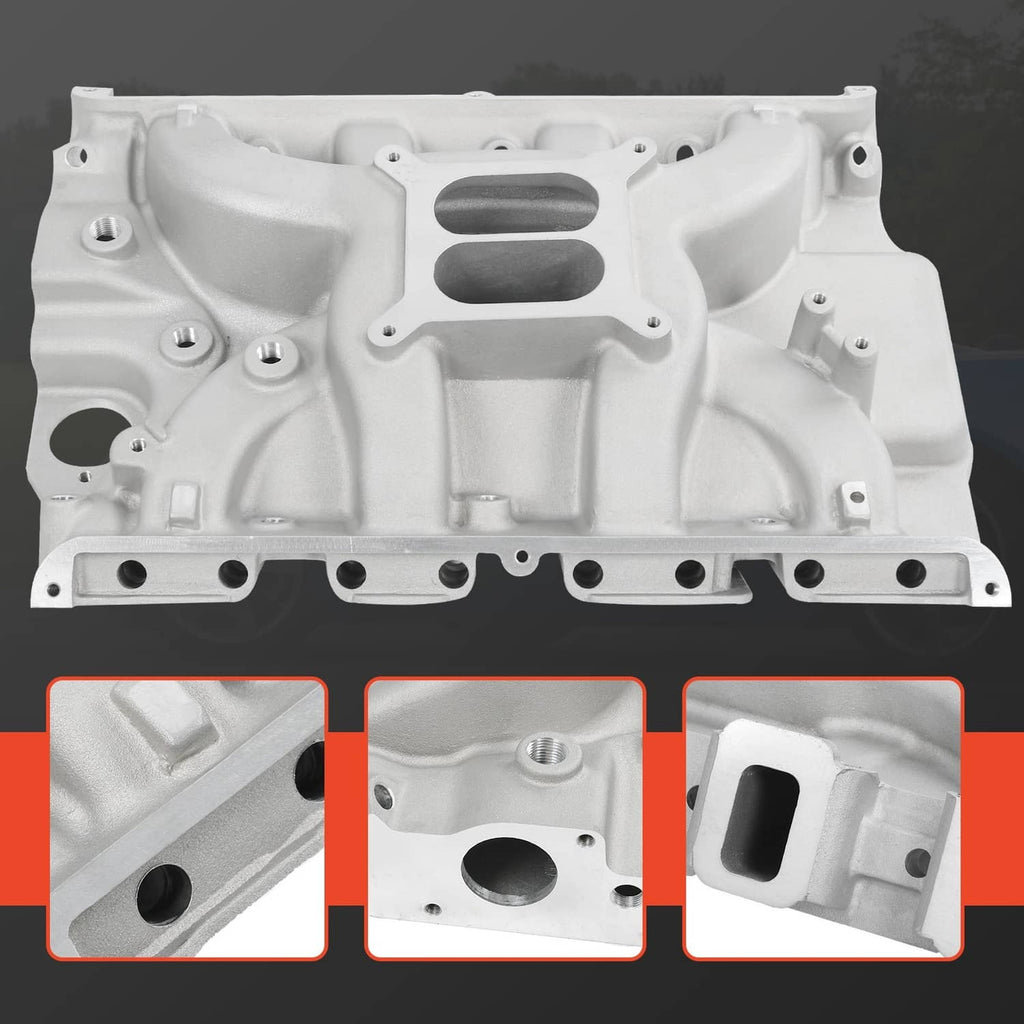 Aluminum intake manifold with three inset detail views of ports and mounting areas