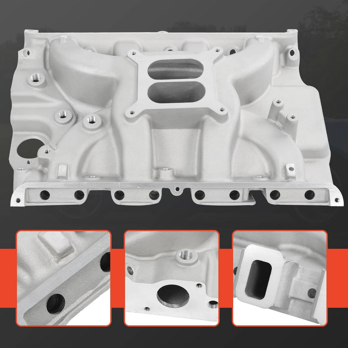 Aluminum intake manifold with three inset detail views of ports and mounting areas
