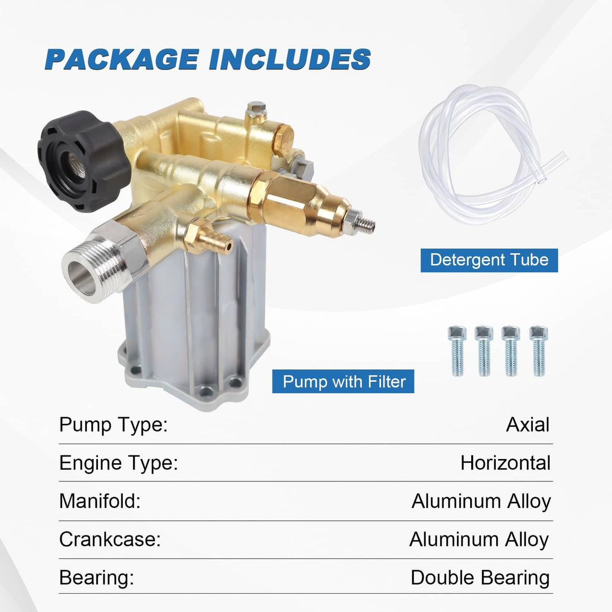 Pressure washer pump package contents with detergent tube, filter, and mounting bolts