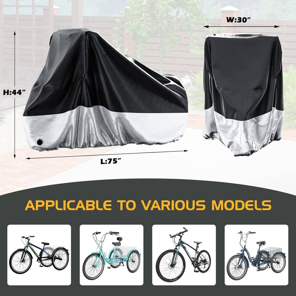 Black and silver tricycle cover, full wrap with front drape and elastic hem