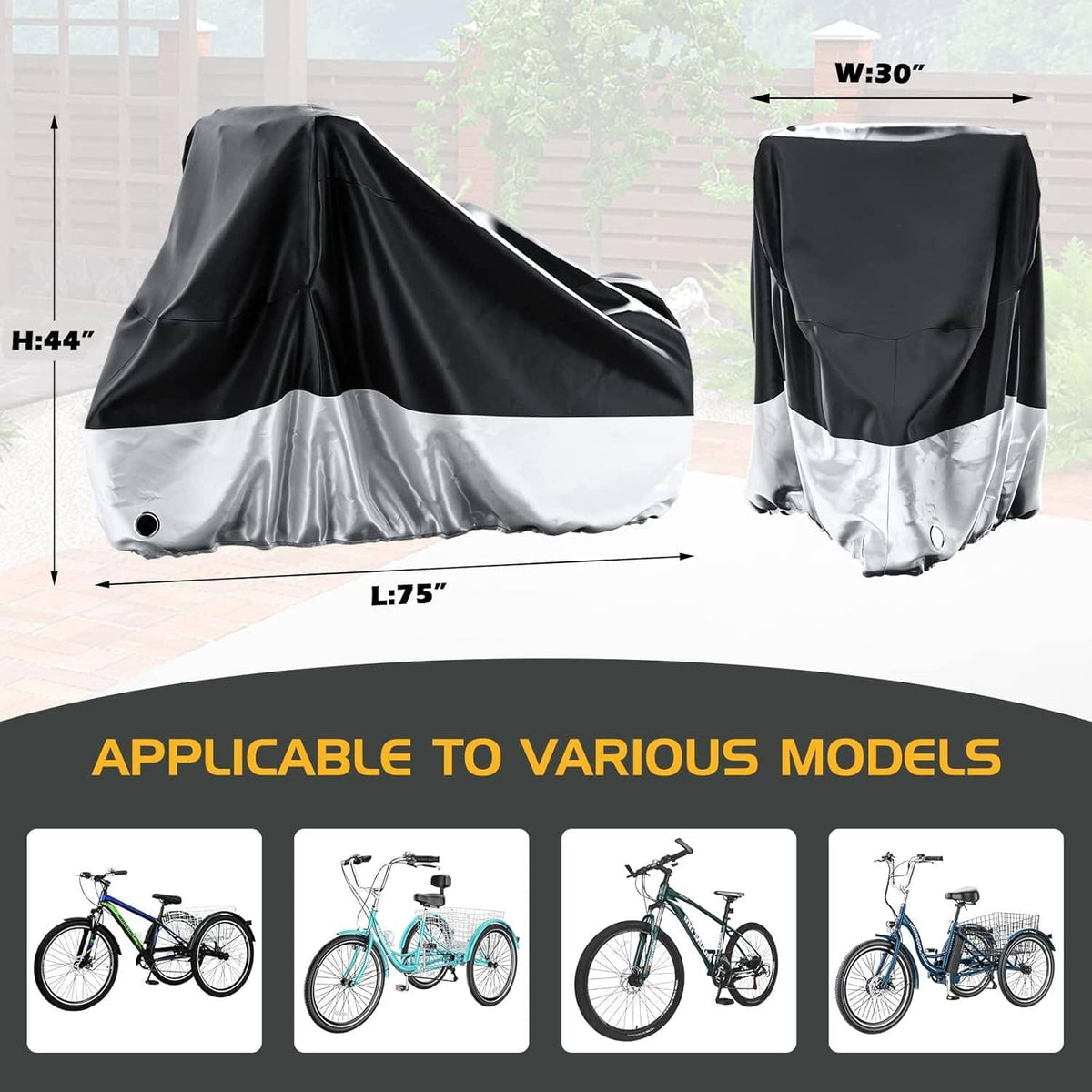 Black and silver tricycle cover, full wrap with front drape and elastic hem