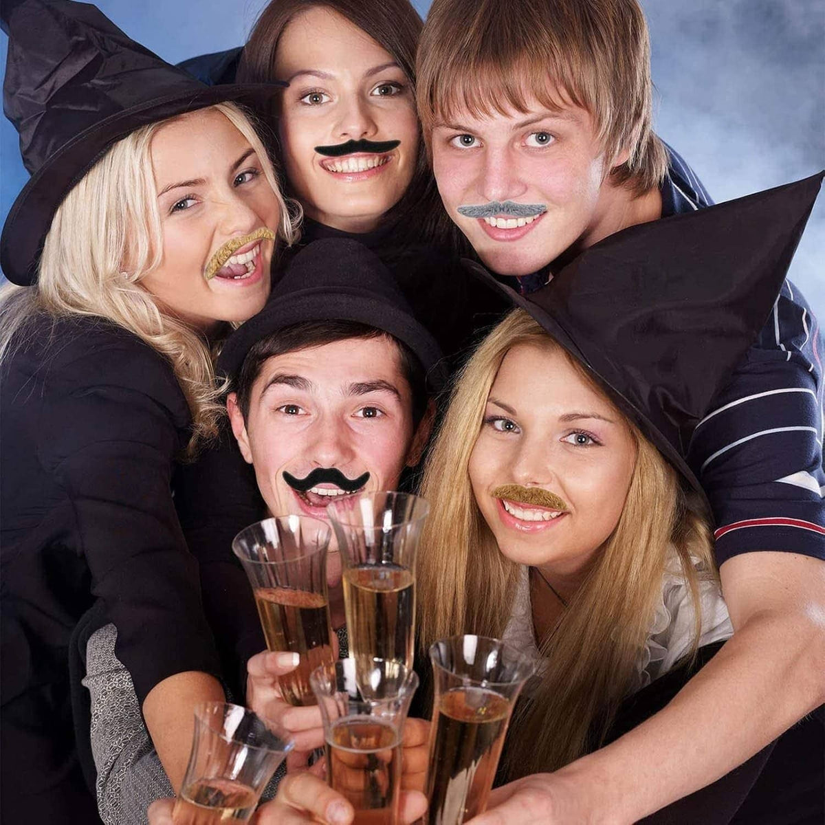 Group wearing fake mustaches and beards as costume accessories