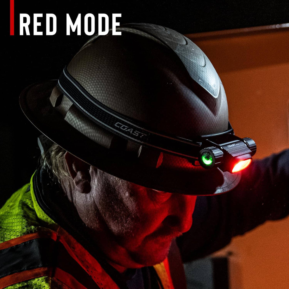 Rechargeable headlamp on helmet showing green and red LEDs