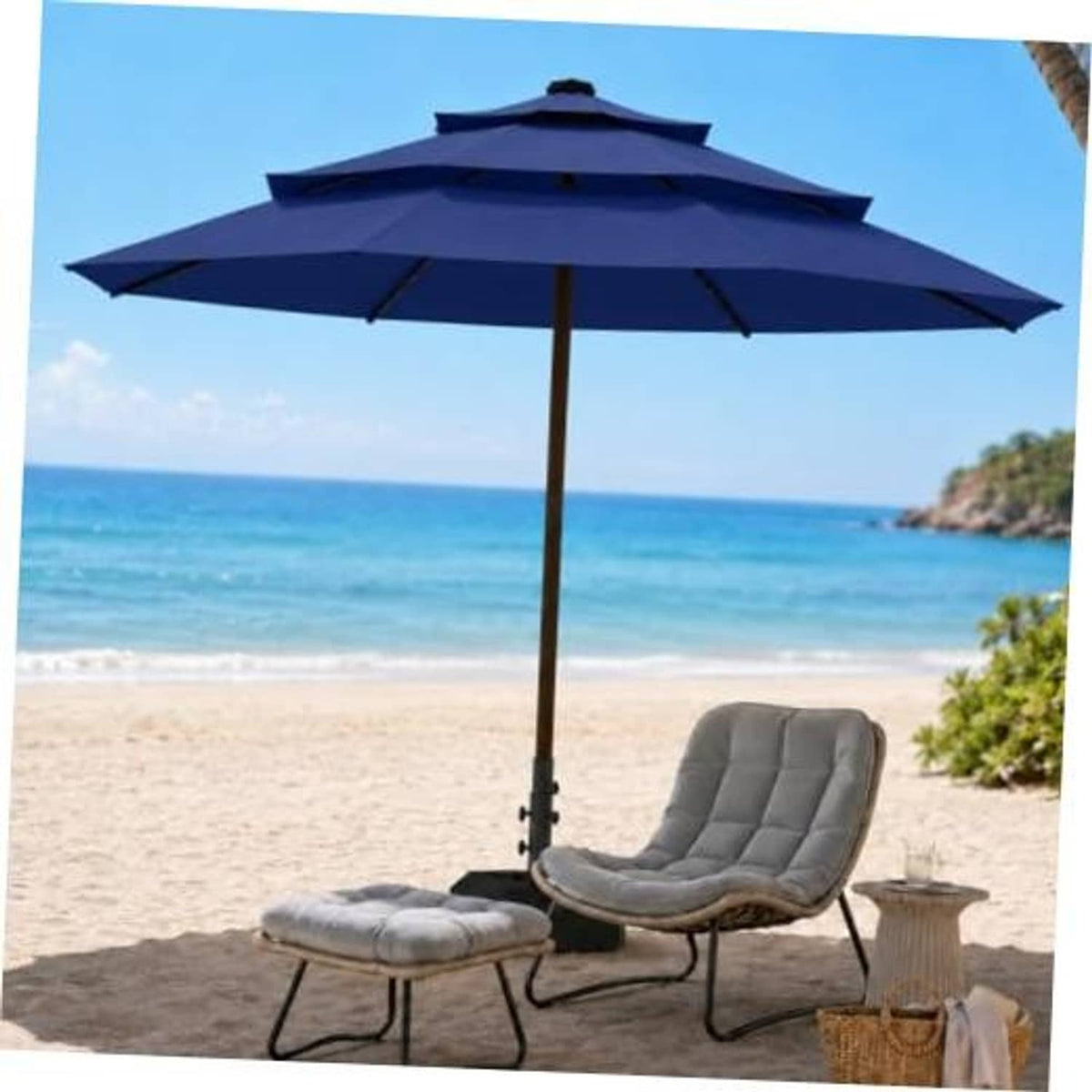Navy 3-tier patio umbrella with vented canopy over outdoor seating and side table