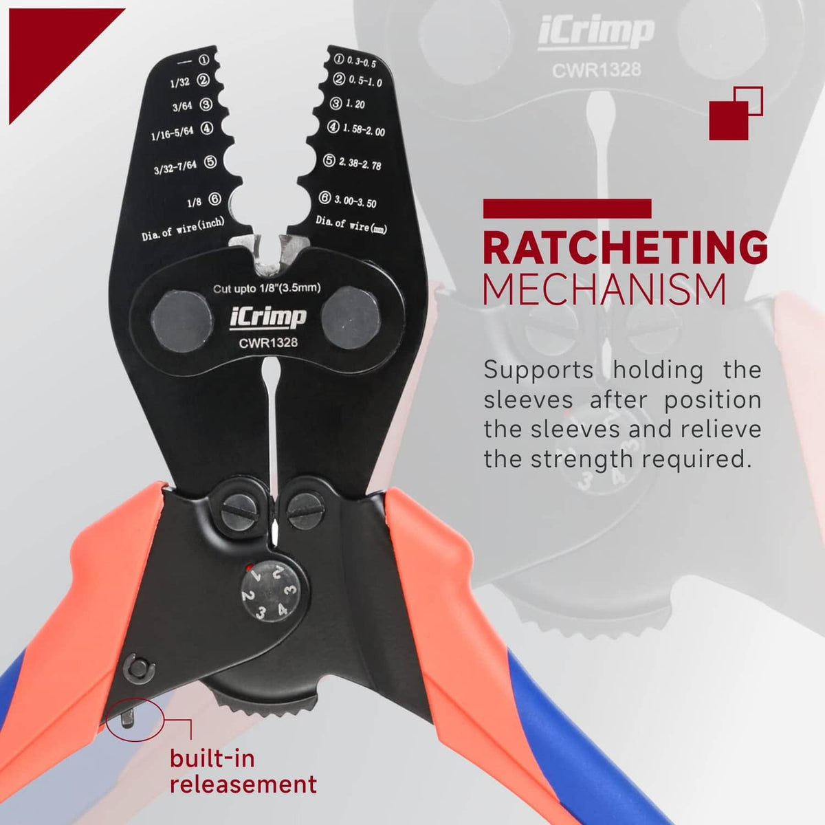 Ratcheting wire rope crimping tool with release knob; black head and orange/blue handles.