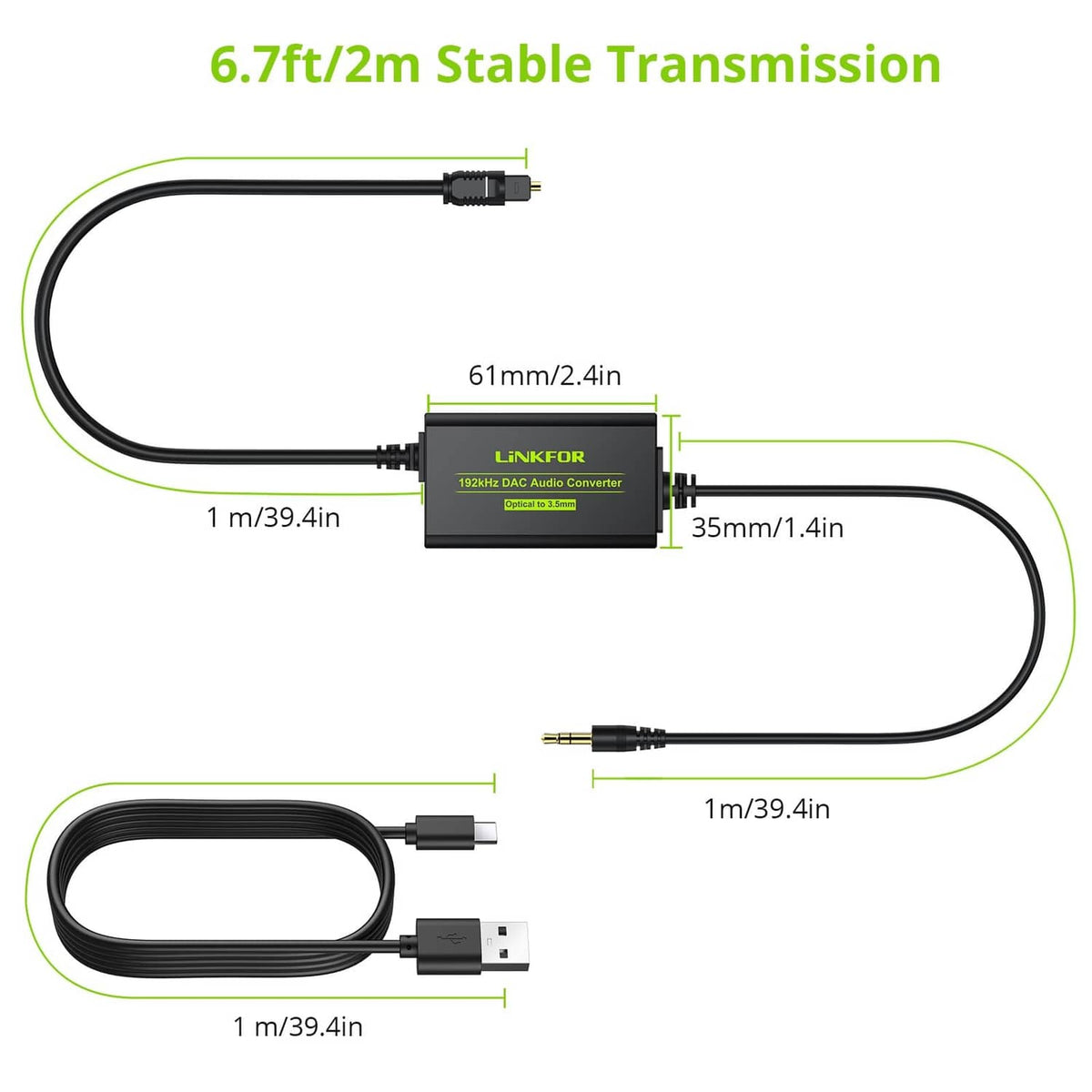 LiNKFOR DAC converter with cables and dimensions (about 2m/6.7ft)
