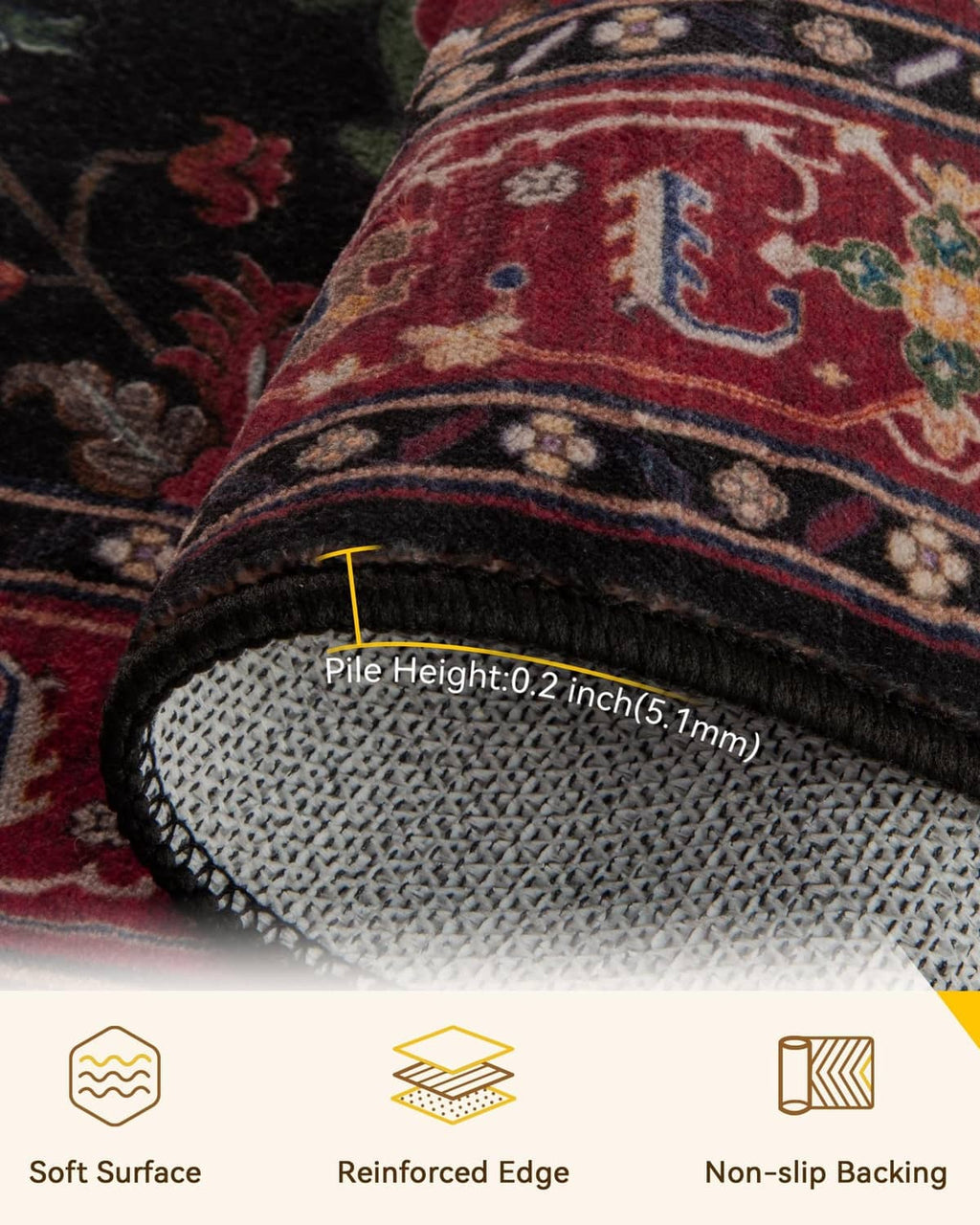 Close-up of red and black area rug edge with reinforced border and 0.2 in pile height