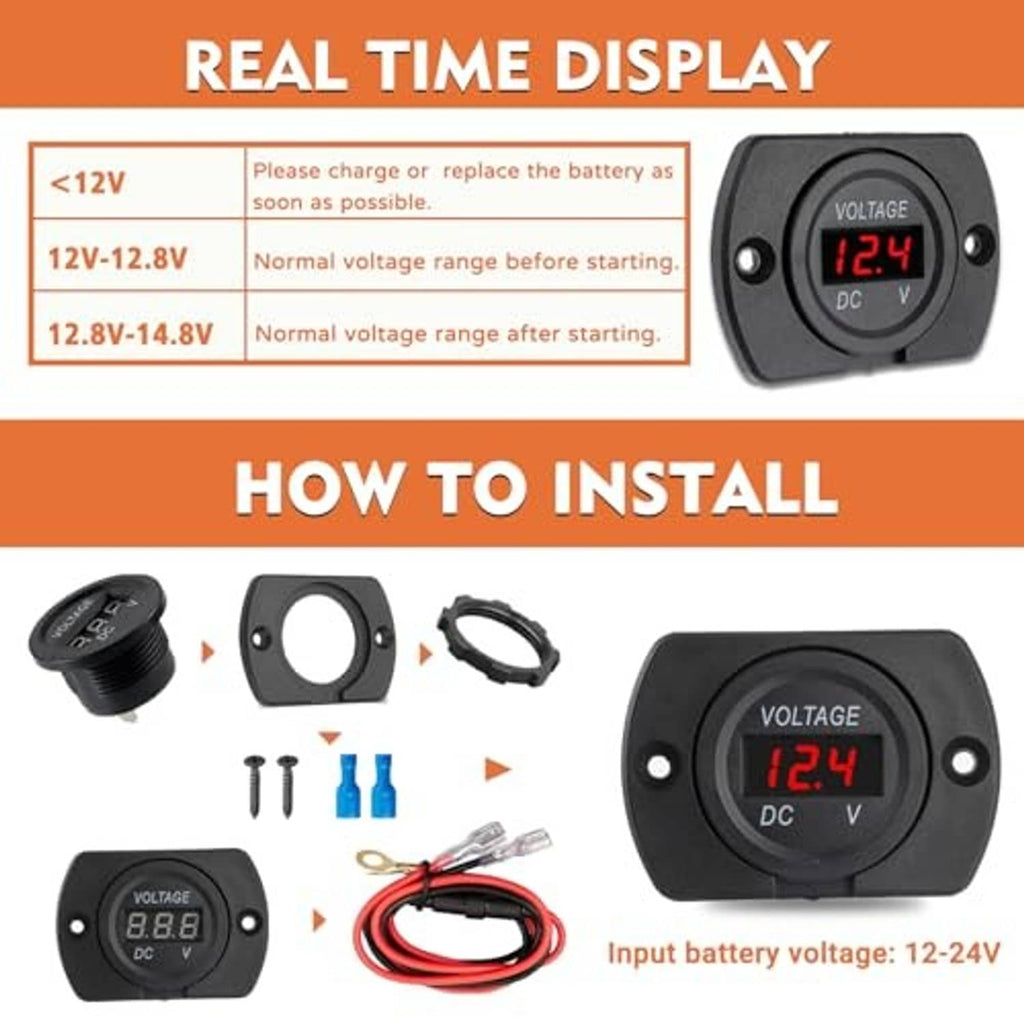 Black waterproof DC voltmeter with red LED 12.4V display and DC voltage labels